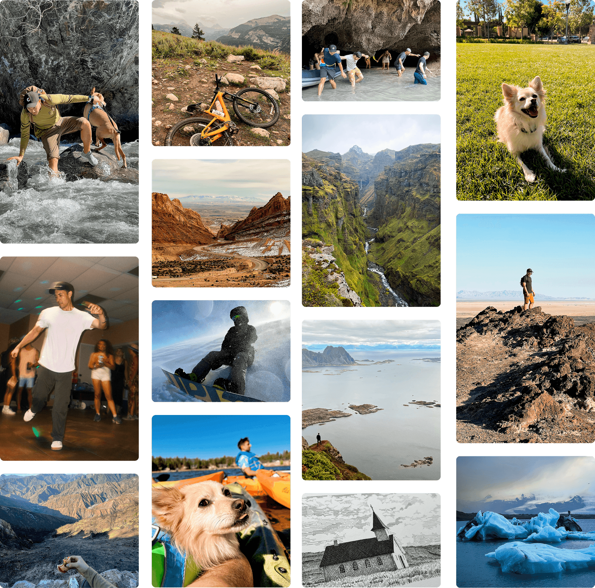 Life Beyond Design - A collage of lifestyle photos featuring scenic mountain landscapes, coastal villages, desert canyons, and playful moments with pets